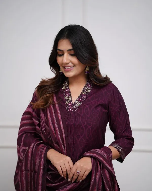 Wine_Cotton_Kurta_Pant_Set_with_MulMul_Dupatta_for_Women