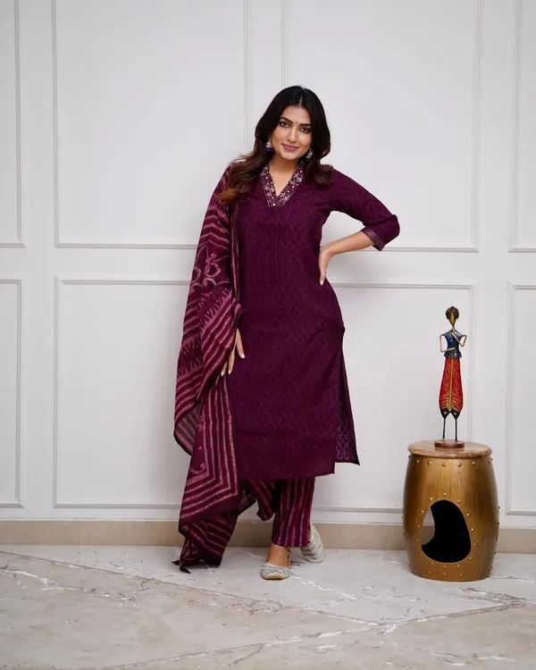 Wine_Cotton_Kurta_Pant_Set_with_MulMul_Dupatta_for_Women