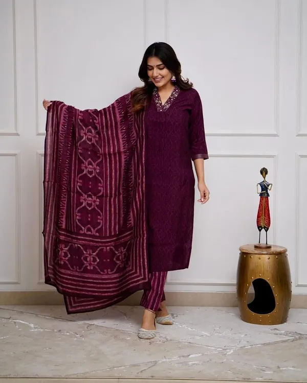 Wine_Cotton_Kurta_Pant_Set_with_MulMul_Dupatta_for_Women