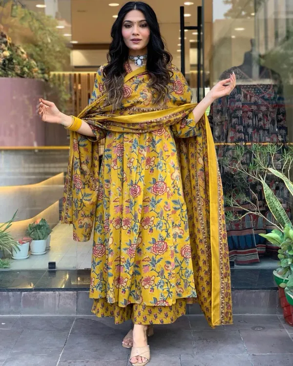 Mustard_Floral_Cotton_Anarkali_Kurti_With_Pant_&_Dupatta_Set_|_For_Women