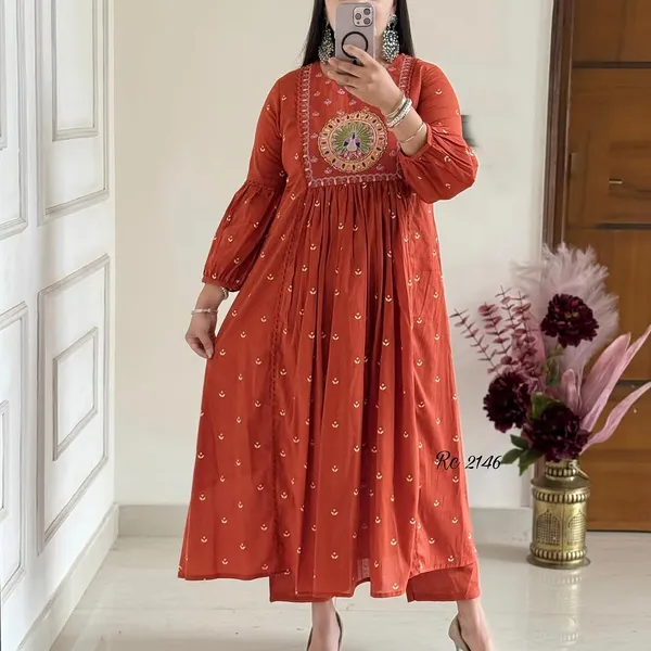 Rust_Embroidery_Mul_Cotton_Kurti_With_Pant_&_Dupatta_Set_|_For_Women
