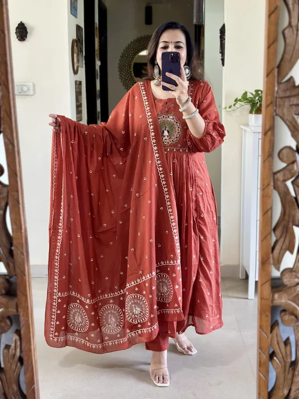 Rust_Embroidery_Mul_Cotton_Kurti_With_Pant_&_Dupatta_Set_|_For_Women