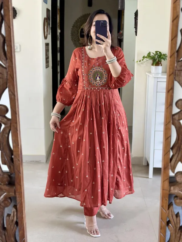 Rust_Embroidery_Mul_Cotton_Kurti_With_Pant_&_Dupatta_Set_|_For_Women