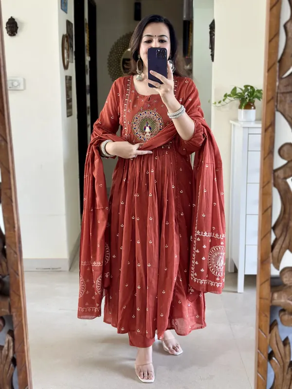 Rust_Embroidery_Mul_Cotton_Kurti_With_Pant_&_Dupatta_Set_|_For_Women