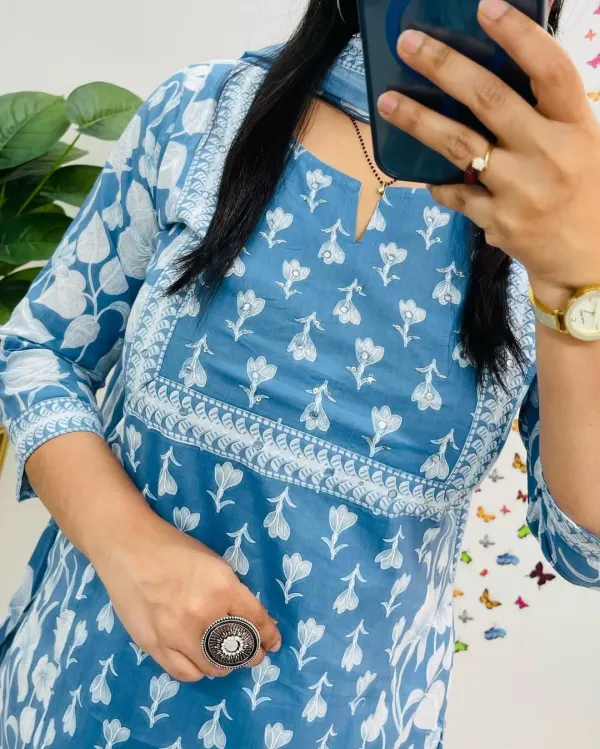 Sky_Blue_Floral_Print_Cotton_Kurti_With_Pant_&_Dupatta_Set_|_For_Women