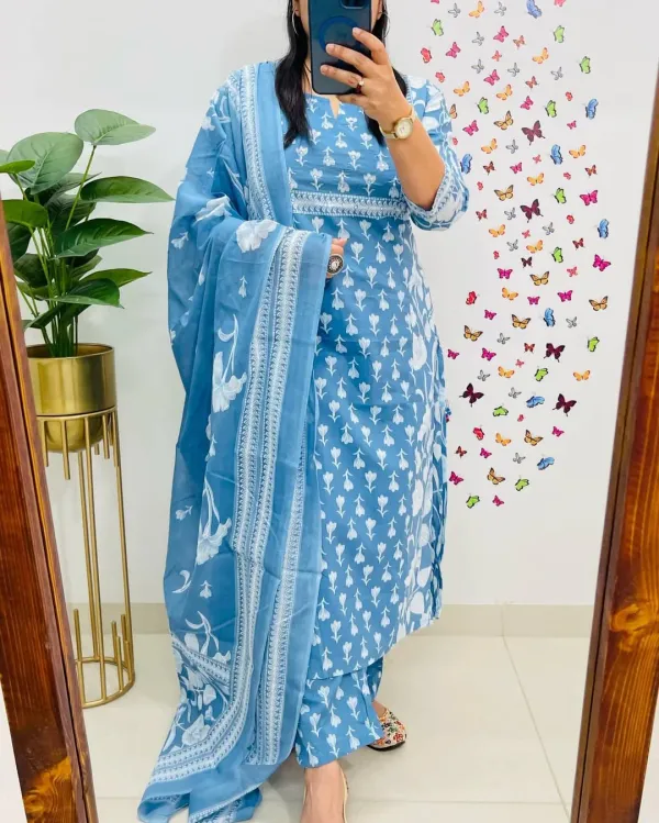 Sky_Blue_Floral_Print_Cotton_Kurti_With_Pant_&_Dupatta_Set_|_For_Women