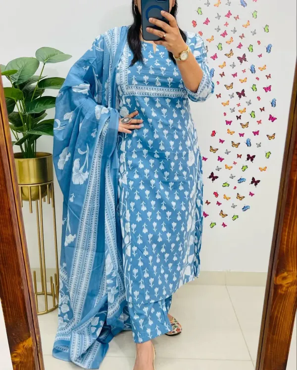 Sky_Blue_Floral_Print_Cotton_Kurti_With_Pant_&_Dupatta_Set_|_For_Women