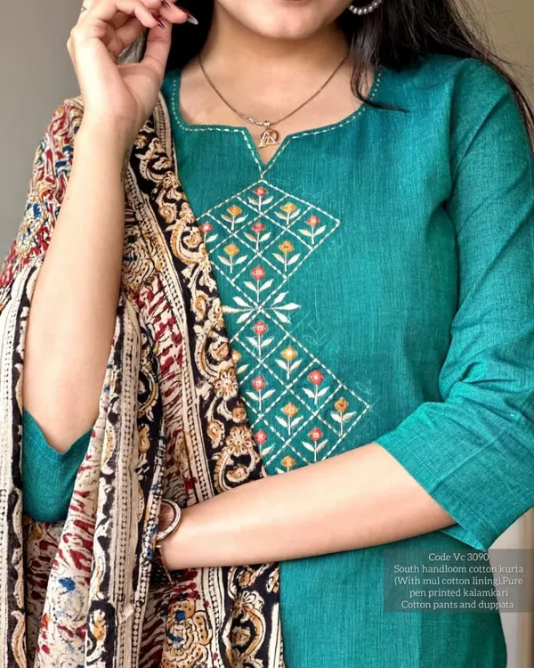 Green_Premium_Chitrkari_South_Cotton_Kurta_Pant_And_Dupatta_Set_For_Women