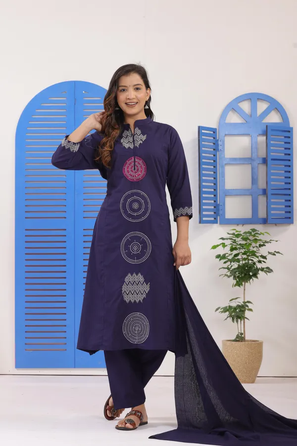 Navy_Blue_Embroidered_Cotton_Kurti_With_Pant_&_Dupatta_Set_|_For_Women