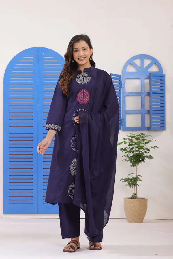 Navy_Blue_Embroidered_Cotton_Kurti_With_Pant_&_Dupatta_Set_|_For_Women