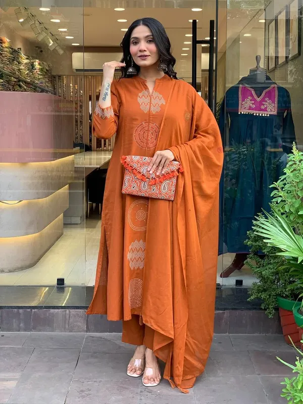 Orange_Rust_Embroidered_Cotton_Kurti_With_Pant_&_Dupatta_Set_|_For_Women