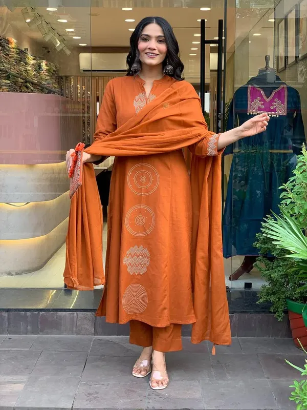 Orange_Rust_Embroidered_Cotton_Kurti_With_Pant_&_Dupatta_Set_|_For_Women