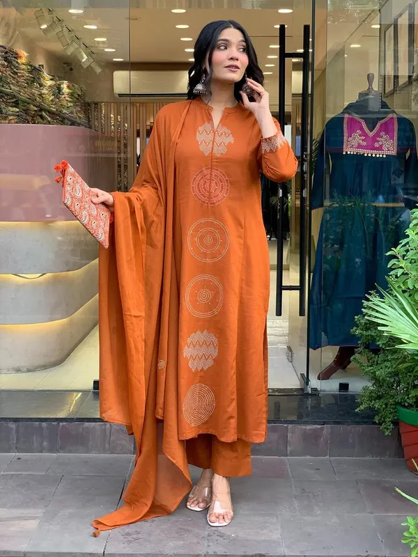 Orange_Rust_Embroidered_Cotton_Kurti_With_Pant_&_Dupatta_Set_|_For_Women