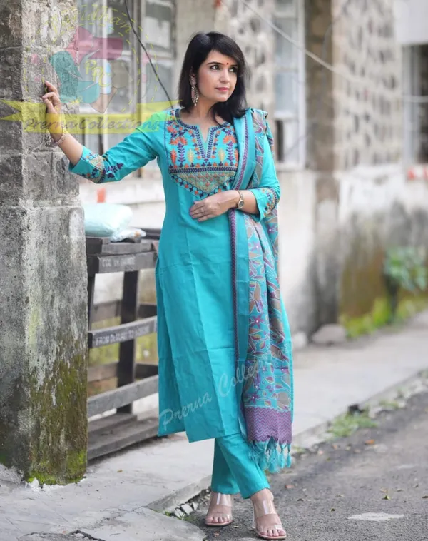Turquoise_Blue_Embroidered_Cotton_Kurti_With_Pant_&_Dupatta_Set_|_For_Women