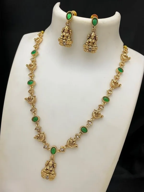 Simple_Finish_Gold_Plated_Green_stone_Devi_Necklace_Set_For_Women
