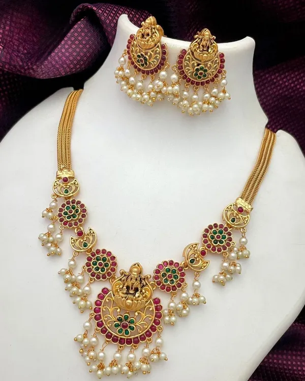 Traditional_South_Indian_Floral_Hanging_Pearl_With_Multi_Colour_Lakshmi_Necklace_Set_For_Women