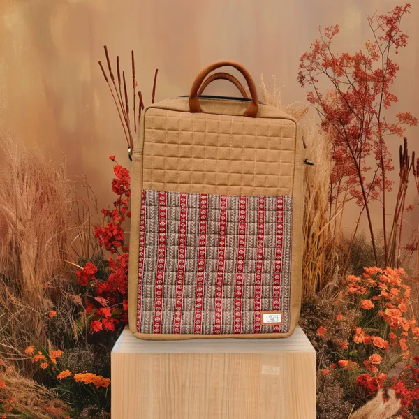 Brown_Handcrafted_Red_Ajrak_Canvas_With_Quilting_Laptop_Bag_&_Matching_Handle