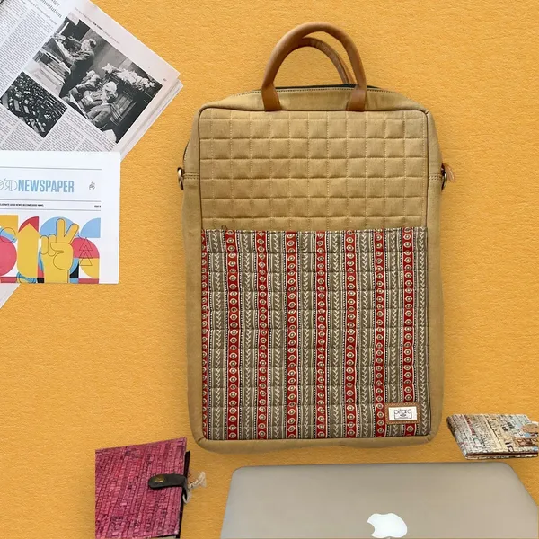 Brown_Handcrafted_Red_Ajrak_Canvas_With_Quilting_Laptop_Bag_&_Matching_Handle