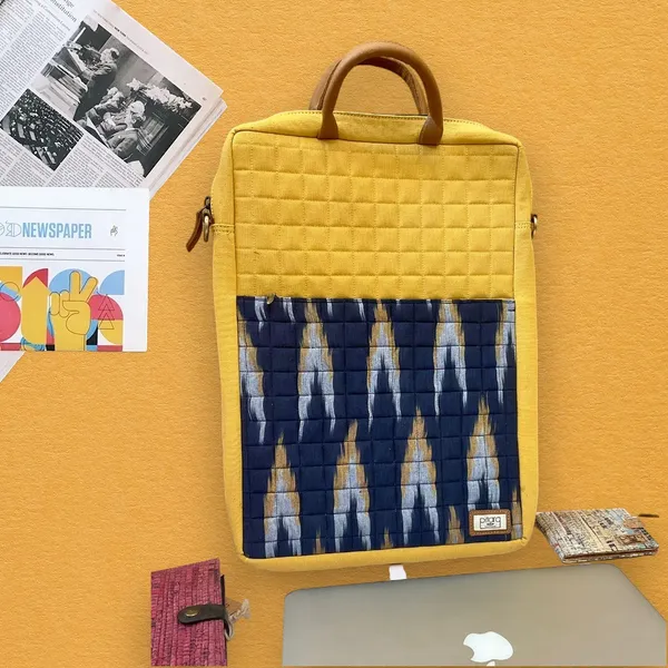 Yellow_Handcrafted_Blue_Ikat_Canvas_With_Quilting_Laptop_Bag_&_Matching_Handle