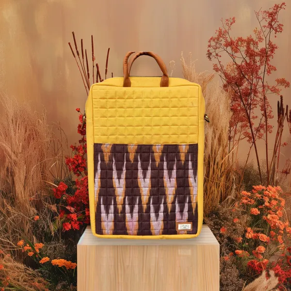 Yellow_Handcrafted_Ikat_Canvas_With_Quilting_Laptop_Bag_&_Matching_Handle