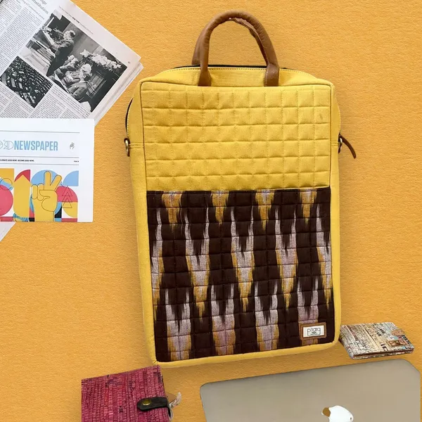 Yellow_Handcrafted_Ikat_Canvas_With_Quilting_Laptop_Bag_&_Matching_Handle