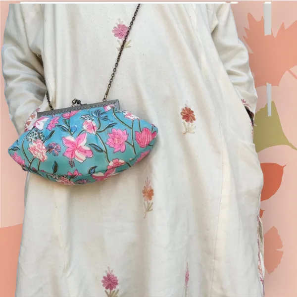 Sea_Green_Handcrafted_Cotton_Printed_Boat_Sling_Bag_With_Metal_Chain_Handle