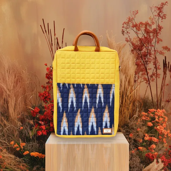 Yellow_Handcrafted_Blue_Ikat_Canvas_With_Quilting_Laptop_Bag_&_Matching_Handle