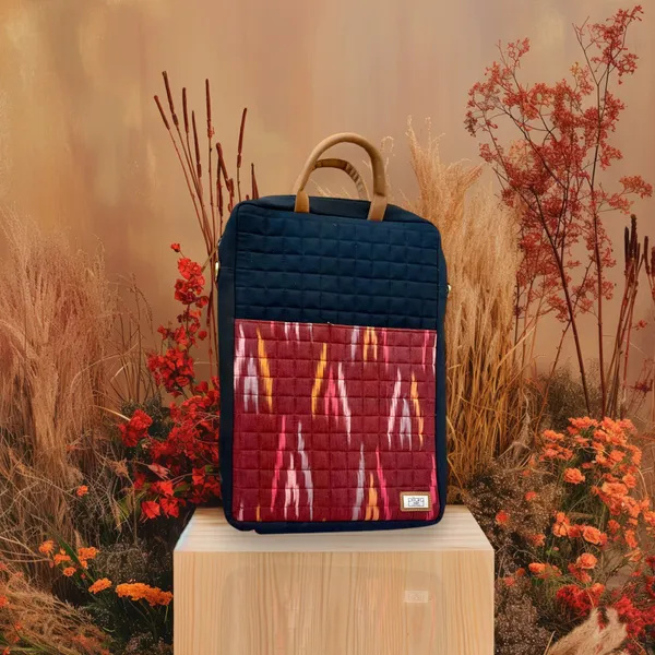 Black_Handcrafted_Maroon_Ikat_Canvas_With_Quilting_Laptop_Bag_&_Matching_Handle