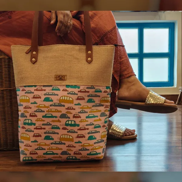 Pink_Car_Handcrafted_Cotton_Printed_Jute_Tote_Bag_With_Leather_Handle