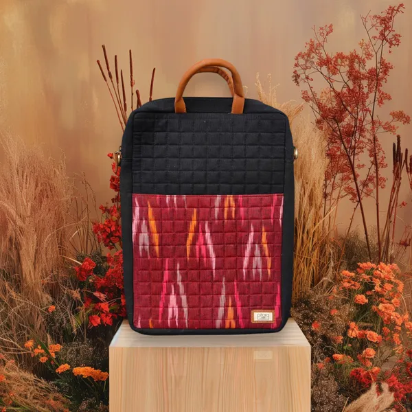 Black_Handcrafted_Maroon_Ikat_Canvas_With_Quilting_Laptop_Bag_&_Matching_Handle