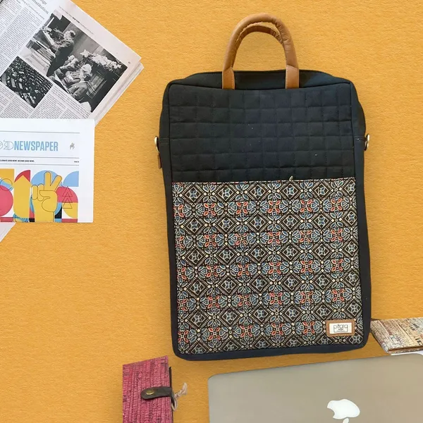 Black_Handcrafted_Mix_Ajrak_Canvas_With_Quilting_Laptop_Bag_&_Matching_Handle