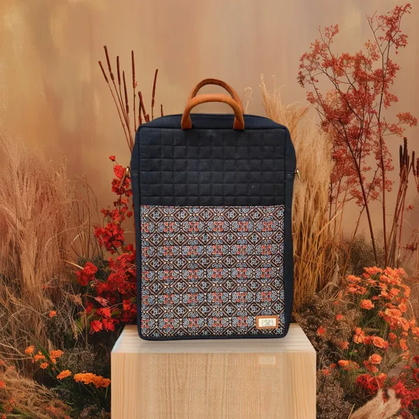 Black_Handcrafted_Mix_Ajrak_Canvas_With_Quilting_Laptop_Bag_&_Matching_Handle