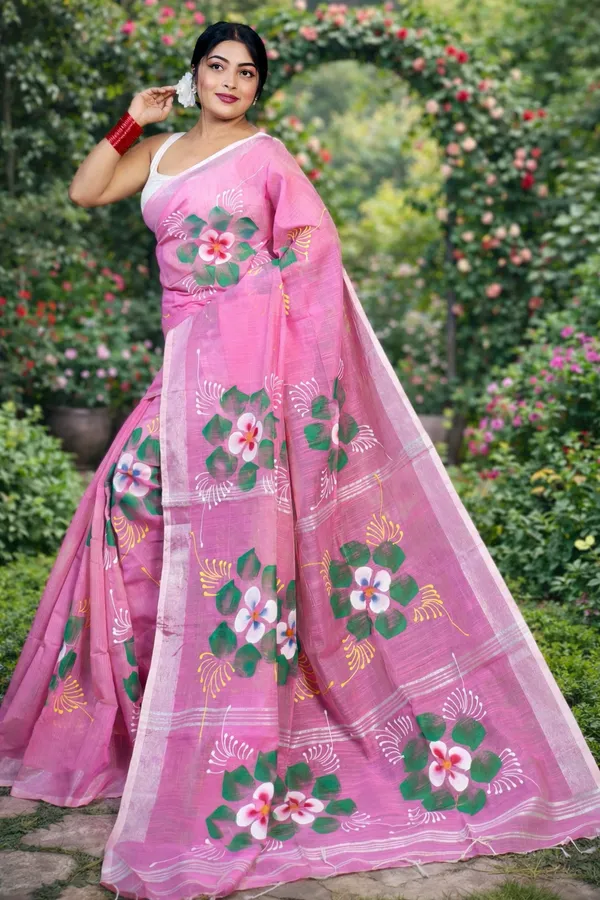 Light_Pink_Handloom_Premium_Quality_Handprint_Flower_Motifs_Women_Cotton_Silk_Saree_For_Women_With_Blouse_Piece