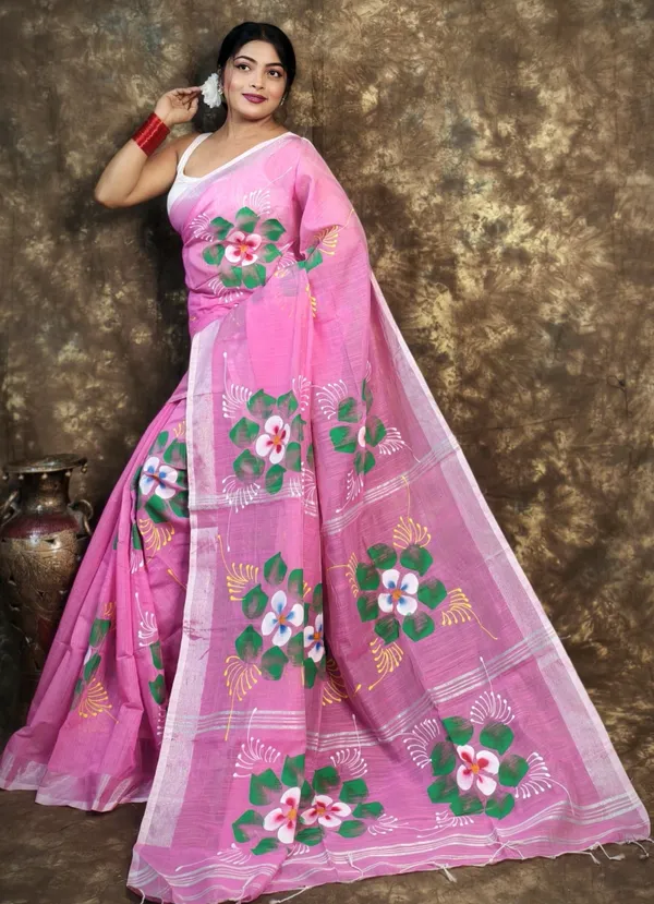 Light_Pink_Handloom_Premium_Quality_Handprint_Flower_Motifs_Women_Cotton_Silk_Saree_For_Women_With_Blouse_Piece