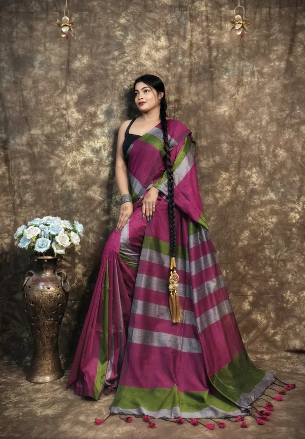 Multi_Colour_Handloom_Striped_Pure_Cotton_Soft_Saree_With_Contrast_Pallu