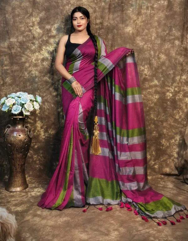 Multi_Colour_Handloom_Striped_Pure_Cotton_Soft_Saree_With_Contrast_Pallu