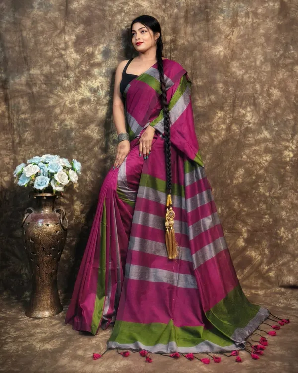 Multi_Colour_Handloom_Striped_Pure_Cotton_Soft_Saree_With_Contrast_Pallu