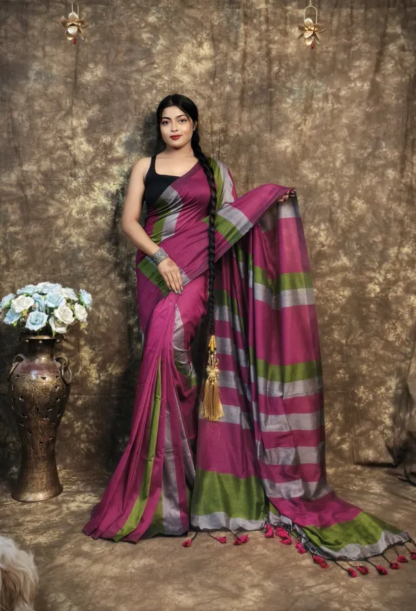 Multi_Colour_Handloom_Striped_Pure_Cotton_Soft_Saree_With_Contrast_Pallu