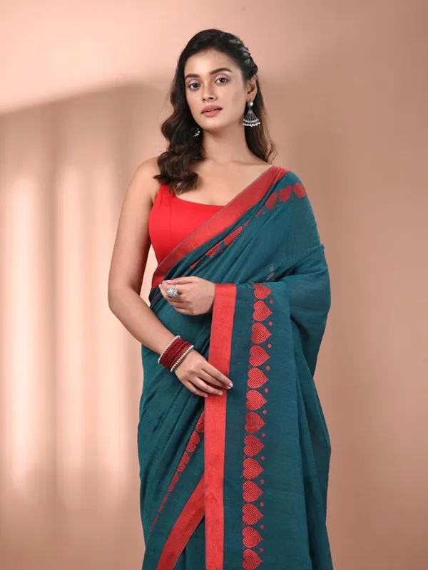 Sea_Green_Authentic_Bengal_Handloom_Love_Border_Soft_Cotton_Saree_For_Women_With_Running_Blouse_Piece