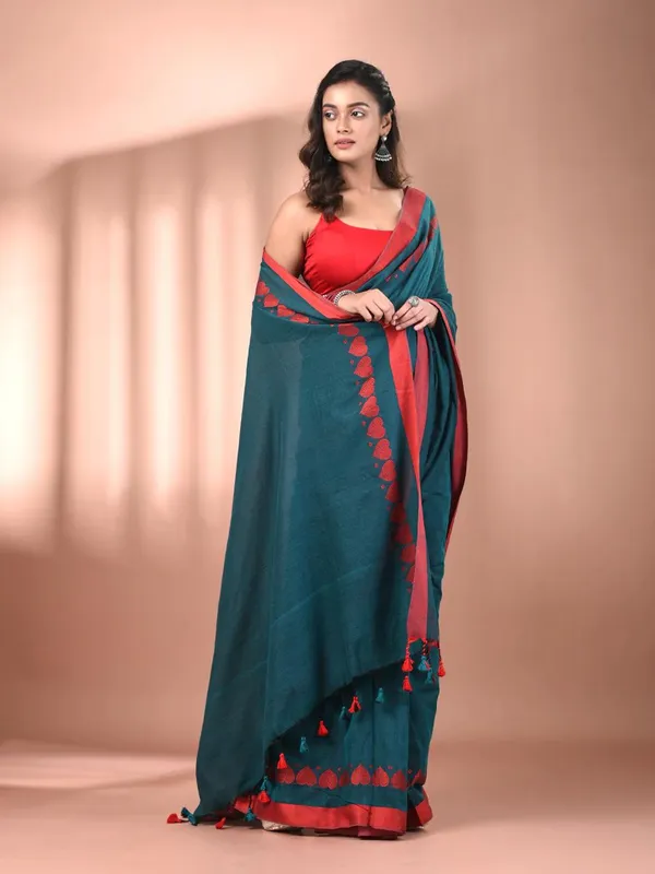 Sea_Green_Authentic_Bengal_Handloom_Love_Border_Soft_Cotton_Saree_For_Women_With_Running_Blouse_Piece