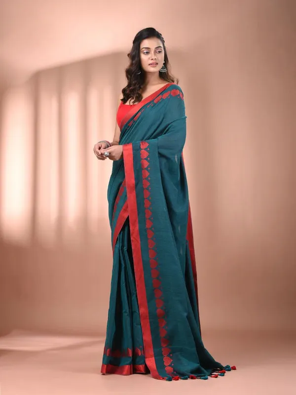 Sea_Green_Authentic_Bengal_Handloom_Love_Border_Soft_Cotton_Saree_For_Women_With_Running_Blouse_Piece