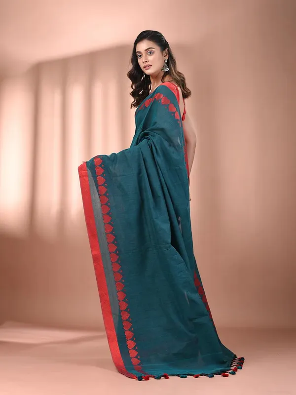 Sea_Green_Authentic_Bengal_Handloom_Love_Border_Soft_Cotton_Saree_For_Women_With_Running_Blouse_Piece