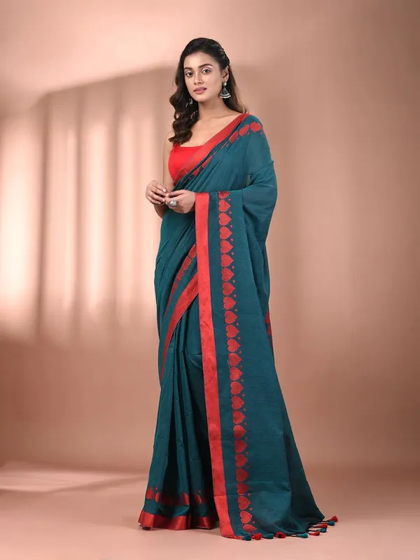 Sea_Green_Authentic_Bengal_Handloom_Love_Border_Soft_Cotton_Saree_For_Women_With_Running_Blouse_Piece