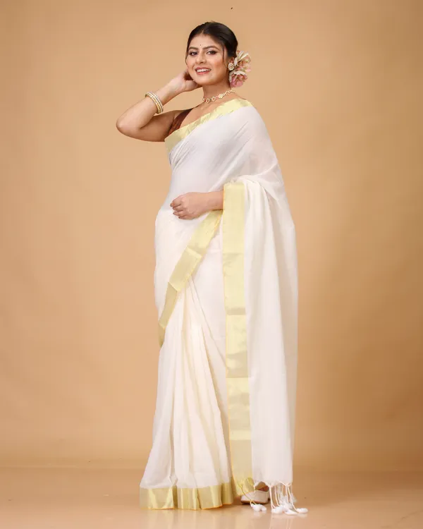 White_Handloom_Premium_Quality_Bollywood_Style_Jori_Border_Mull_Cotton_Saree_For_Women_With_Beautiful_Running_Blouse_Piece