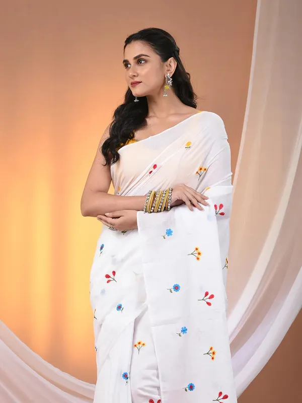 White_White_Authentic_Bengal_Handloom_All_Body_Work_Pure_Mull_Cotton_Soft_Saree_With_Running_Blouse_Piece