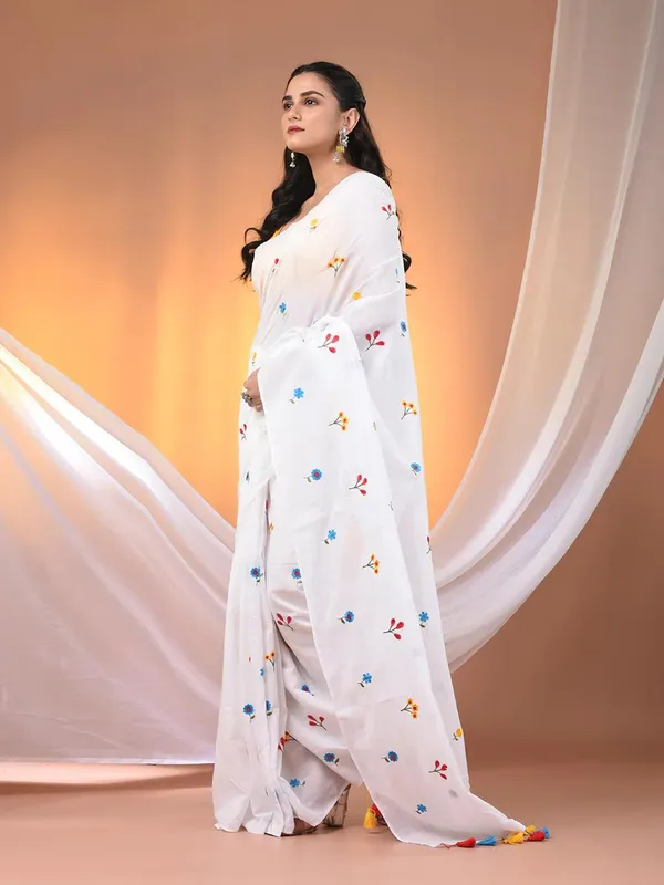 White_White_Authentic_Bengal_Handloom_All_Body_Work_Pure_Mull_Cotton_Soft_Saree_With_Running_Blouse_Piece