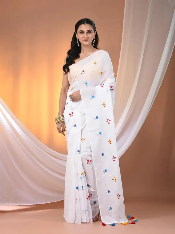 White_White_Authentic_Bengal_Handloom_All_Body_Work_Pure_Mull_Cotton_Soft_Saree_With_Running_Blouse_Piece