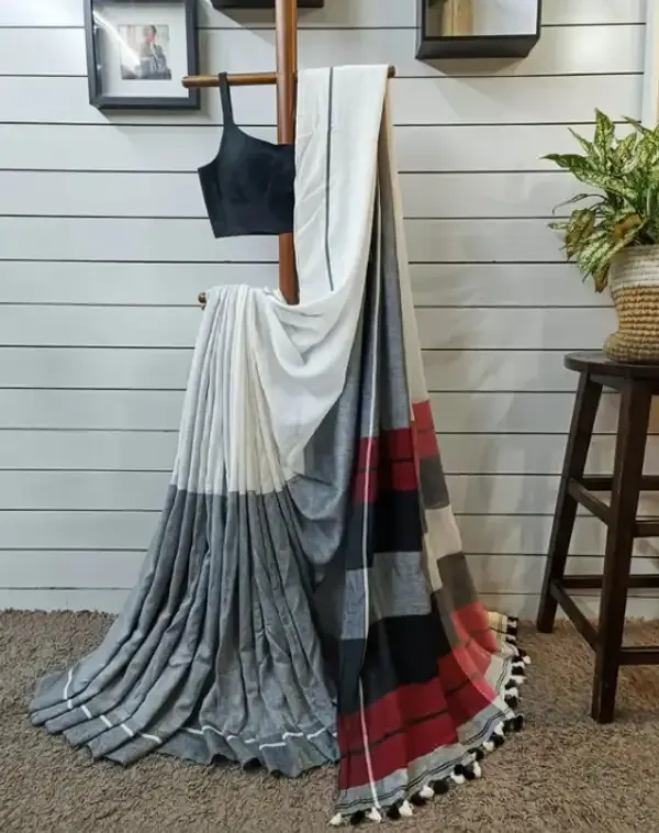 White_and_Gray_Authentic_Bengal_Handloom_Traditional_Puja_Special_Cotton_Daily_Wear_Saree_For_Women_With_Blouse_Piece