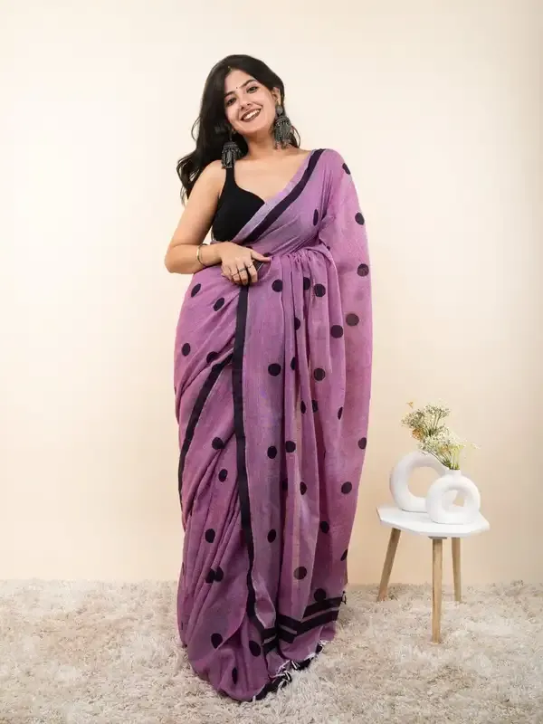 Purple_Authentic_Bengal_Handloom_Traditional_Puja_Special_Cotton_Block_Print_Saree_For_Women_With_Blouse_Piece