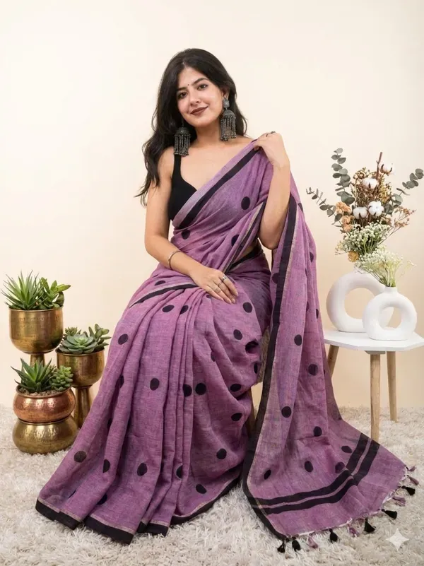 Purple_Authentic_Bengal_Handloom_Traditional_Puja_Special_Cotton_Block_Print_Saree_For_Women_With_Blouse_Piece